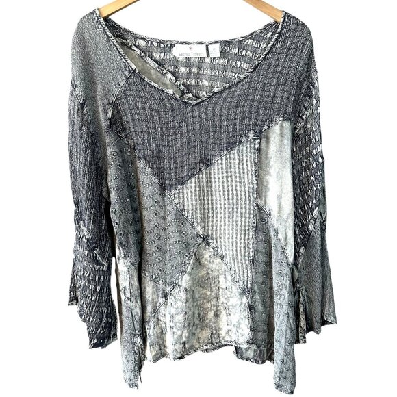 Sacred Threads Patchwork Textured Top Gray Mixed Fabric Size 2X - Picture 2 of 6